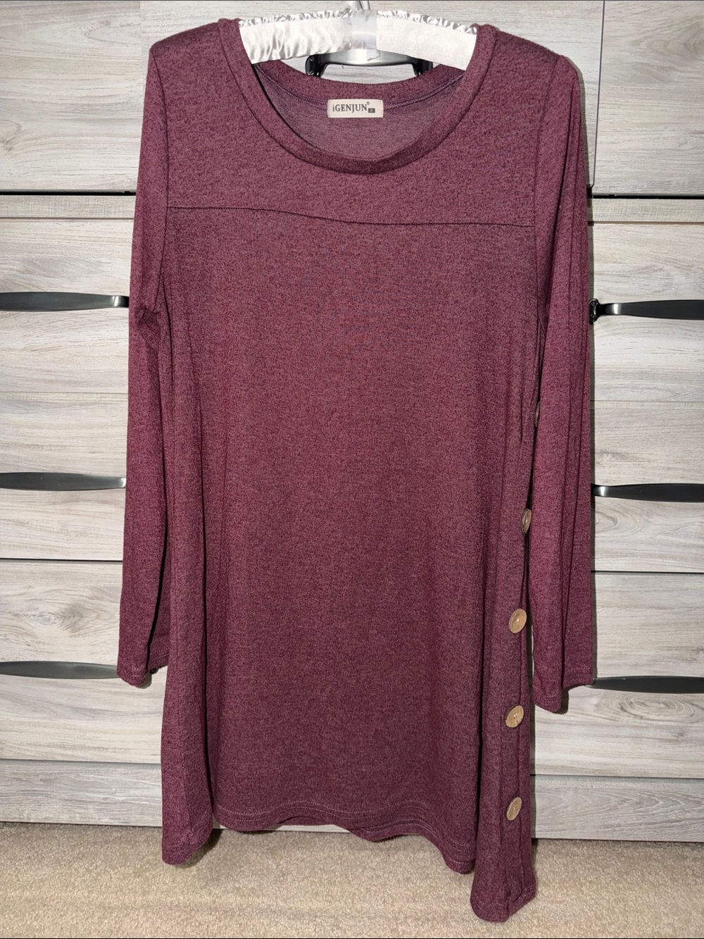 IGENJUN Plum Long Sleeve Asymmetric Hem Tunic with Side Button Detail